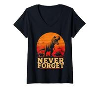 Women's Never Forget T Rex Retro Sunset Extinction Dinosaur Era V-Neck T-Shirt