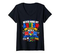 Women's Never Mind My Autism with A Mom Like Mine I'll Be Fine V-Neck T-Shirt