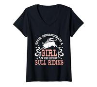 Women's Never Underestimate a Girl How Loves Bull Riding Rodeo V-Neck T-Shirt