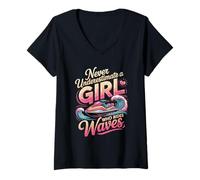 Women's Never Underestimate A Girl Who Rides Waves V-Neck T-Shirt