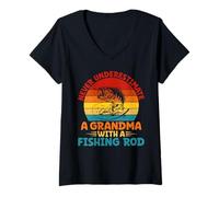 Womens Never Underestimate a Grandma with a Fishing Rod Grandma V-Neck T-Shirt