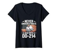 Womens Never Underestimate A Man with A DD-214 Veteran Pride Design V-Neck T-Shirt