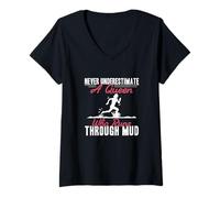 Women's Never Underestimate A Queen Who Runs Through Mud Mudding Fan V-Neck T-Shirt