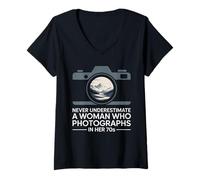 Women's Never Underestimate A Woman WHO Photographs in HER 70S V-Neck T-Shirt