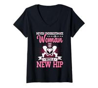 Women's Never Underestimate A Woman with A New Hip Recovery V-Neck T-Shirt