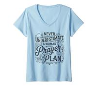 Women's Never Underestimate A Woman with Prayer and Plan Christian V-Neck T-Shirt