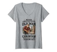 Women's Never Underestimate an Old Man Chainsaw in His Seventies V-Neck T-Shirt