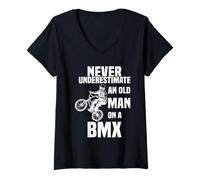 Womens Never Underestimate an Old Man on a BMX Skeleton Drives BMX V-Neck T-Shirt