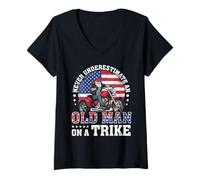 Womens never underestimate an old man on a trike American flag V-Neck T-Shirt