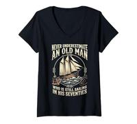 Women's Never Underestimate an Old Man Who is Sailing in Seventies V-Neck T-Shirt