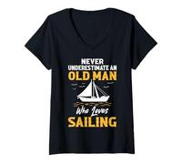 Womens Never Underestimate an Old Man Who Love Sailing Boat Captain V-Neck T-Shirt