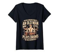 Women's Never Underestimate an Old Man Who Plays Drums in Seventies V-Neck T-Shirt