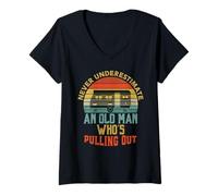Women's Never Underestimate an Old Man Who's Pulling Out RV Camping V-Neck T-Shirt