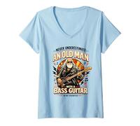 Women's Never Underestimate an Old Man with A Bass Guitar in His 70s V-Neck T-Shirt