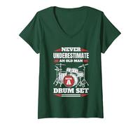 Women's Never Underestimate an Old Man with A Drum Set Drumset Drums V-Neck T-Shirt, Dark Green, XX-Large