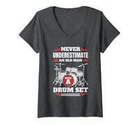 Women's Never Underestimate an Old Man with A Drum Set Drumset Drums V-Neck T-Shirt, Dark Heather Grey, X-Large
