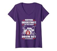 Women's Never Underestimate an Old Man with A Drum Set Drumset Drums V-Neck T-Shirt, Purple, Large