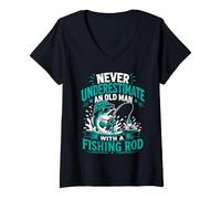 Women's Never Underestimate an Old man with a Fishing Rod Angler V-Neck T-Shirt
