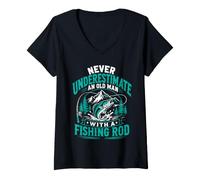 Women's Never Underestimate an Old man with a Fishing Rod Angler V-Neck T-Shirt