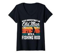 Womens Never Underestimate An Old Man With A Fishing Rod Grandpa V-Neck T-Shirt