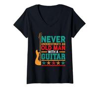 Women's Never Underestimate an Old Man with A Guitar Guitarist V-Neck T-Shirt