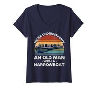 Womens Never Underestimate An Old Man With A Narrow Boat Navy Funny V-Neck T-Shirt
