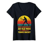 Women's Never Underestimate an Old Man with A Tennis Racket Vintage V-Neck T-Shirt