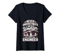 Women's Never Underestimate an Old Woman Civil Engineer V-Neck T-Shirt