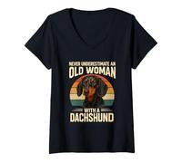 Womens Never Underestimate an Old Woman with a Dachshund Dog Retro V-Neck T-Shirt