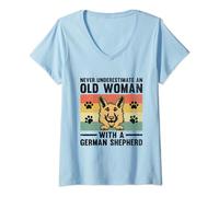 Womens Never Underestimate An Old Woman With A German Shepherd GSD V-Neck T-Shirt