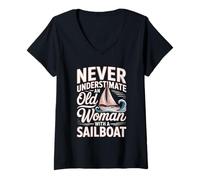 Women's Never Underestimate an Old Woman with A Sailboat V-Neck T-Shirt