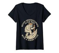 Women's Never Underestimate Old Man Hiking Stick Retro Hiker BearDad V-Neck T-Shirt