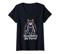 Womens Nevertheless She Purred Strong Feminist Cat Power V-Neck T-Shirt