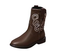 Women's New Embroidered Pointed Toe Roman Comfort Simple Mid Heel Cowboy Leather Mid Calf Boots aterproof Shoes Women (Brown, 4)