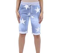 Womens New Italian Printed Shorts Elastic Waist 3/4 Cropped Trousers Summer Beach Pants Magic Short Pajamas | Light Denim Star | 20-22