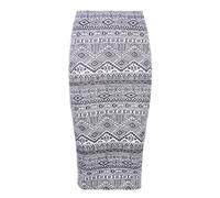 Womens New Leopard Skull Aztec Moustache Multi Printed Pattern Ladies Bodycon Fitted Straight Stretch Elasticated Waistand Midi Pencil Tube Skirt Aztec Print Size 12-14