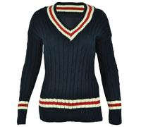 Womens New Long Sleeves Ladies Cable Knitted V Neck Stretch Cricket Sweater Jumper Top Plus Size Navy Blue Size 20 - 22