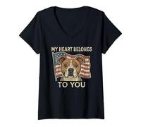 Womens New My Heart Belongs to You Dog and USA Flag Retro Design V-Neck T-Shirt