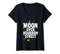Women's New Orleans Moon Over Bourbon Street Mardi Gras V-Neck T-Shirt