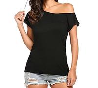 Womens New Plain Off The Shoulder short Sleeve T-Shirt Womens Off Shoulder Tops Summer short Sleeve Blouses solid color Shirt Womens Off Shoulder Short Sleeve T-Shirt Casual Summer Loose Tops Blouse