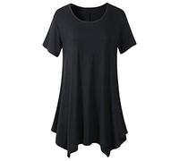 Womens New Plain Uneven Dipped Hem Round Scoop Neck Ladies Short Sleeve Stretch Fit T-Shirt Top Women Casual round Neck Pleated Tunic Tops Shirts Blouse T-Shirt Loose Solid Color Bottoming Shirt