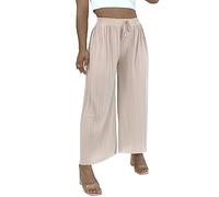 Womens New Pleated Wide Leg Classic Look Palazzo Trousers Elasticated Waist Plisse PDrawstring Front Pants (UK, Alpha, L, XL, Regular, Regular, Stone)
