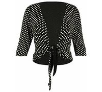Womens New Polka Dot Spotted Print Ladies Three Quarter 3/4 Sleeve Front Tie Shrug Cropped Bolero Cardigan Top Plus Size Black Size 16