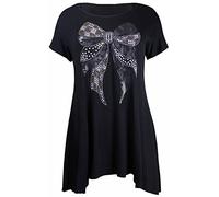 Womens New Sequin Lace Bow Ladies Short Sleeve Round Scoop Neckline Dip Uneven Shaped Hemline Top T-Shirt Top Plus Size Black Size 26-28