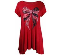 Womens New Sequin Lace Bow Ladies Short Sleeve Round Scoop Neckline Dip Uneven Shaped Hemline Top T-Shirt Top Plus Size Red Size 20