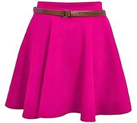 Womens New Tartan Check Printed Ladies Short Mini Slim Detachable Waist Belted Flared Pleated Skater Red Skirt (16-18, Plain Fuchsia)