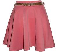 Womens New Tartan Check Printed Ladies Short Mini Slim Detachable Waist Belted Flared Pleated Skater Red Skirt (16-18, Plain Coral)