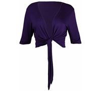Womens New Three Quarter Length Sleeve Plain Tie Up Shrug Ladies Stretch Fit Cropped Cardigan Bolero Top Plus Size Purple Size 24 - 26