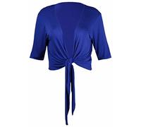 Womens New Three Quarter Length Sleeve Plain Tie Up Shrug Ladies Stretch Fit Cropped Cardigan Bolero Top Plus Size Royal Blue Size 16 - 18
