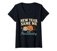 Womens New Year Same Me Funny Lazy Sloth Anti New Year Resolution V-Neck T-Shirt